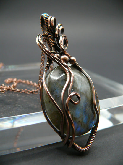 Boho style copper wire wrapped labradorite pendant