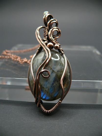 Boho style copper wire wrapped labradorite pendant