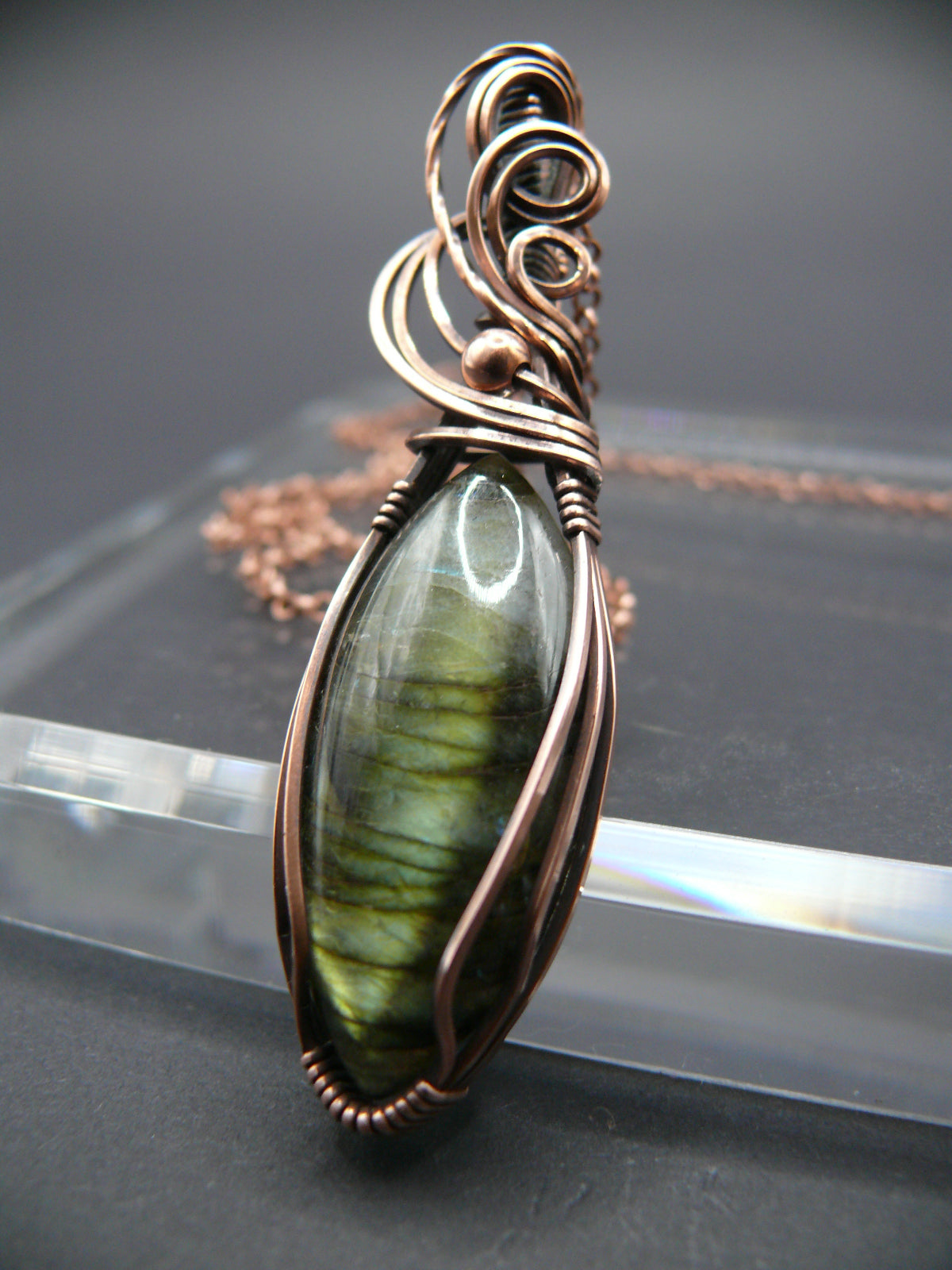 Magical yellow glow labradorite pendant in antiqued copper