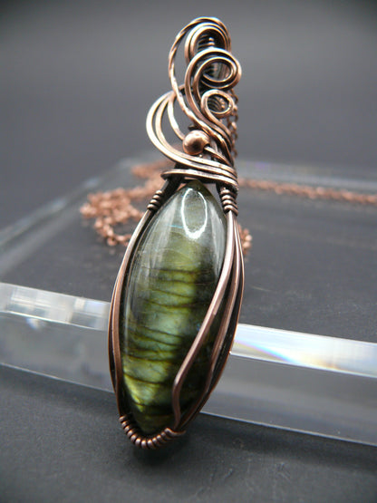 Magical yellow glow labradorite pendant in antiqued copper