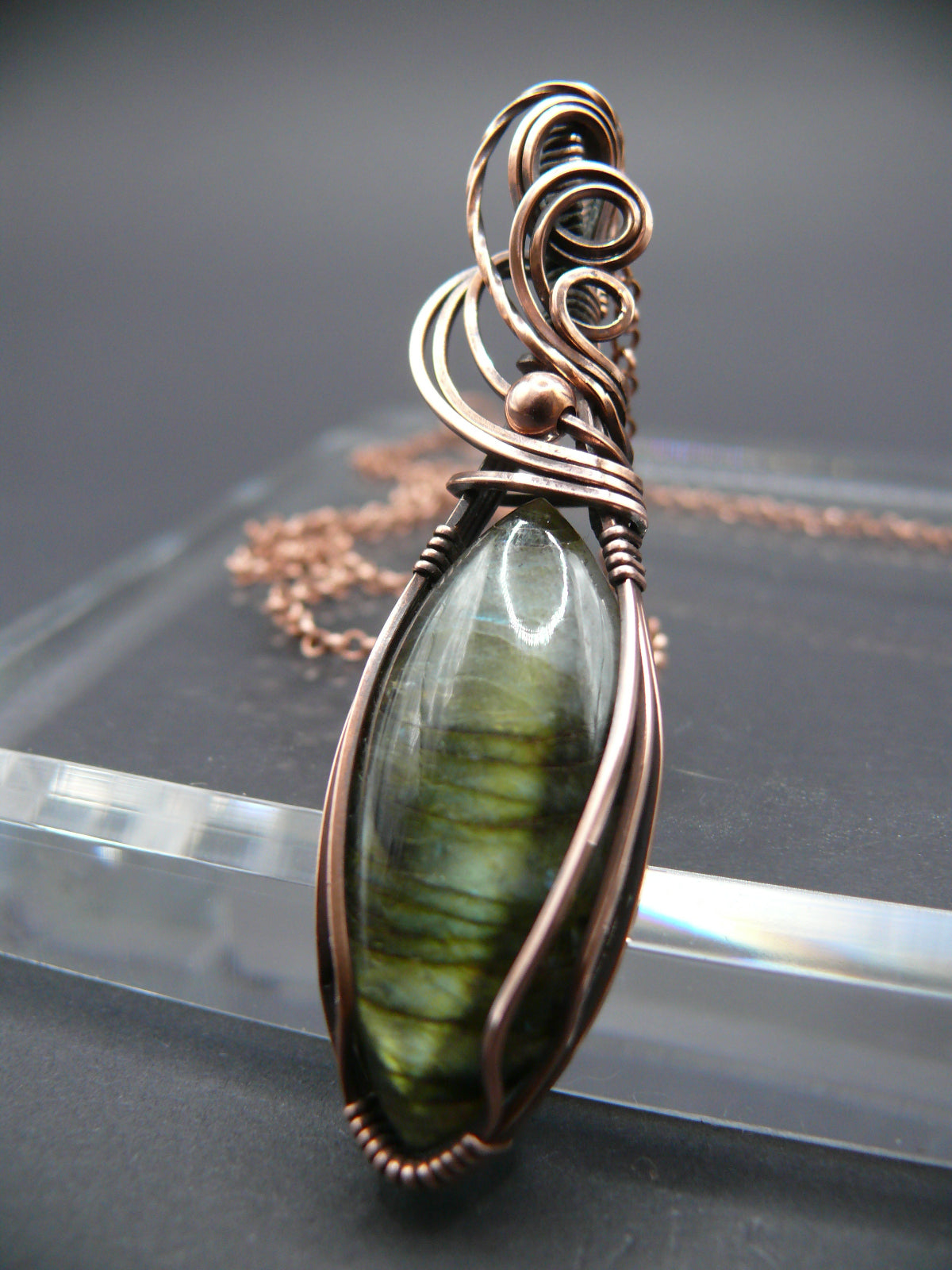 Magical yellow glow labradorite pendant in antiqued copper