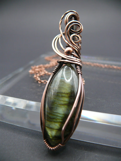 Magical yellow glow labradorite pendant in antiqued copper