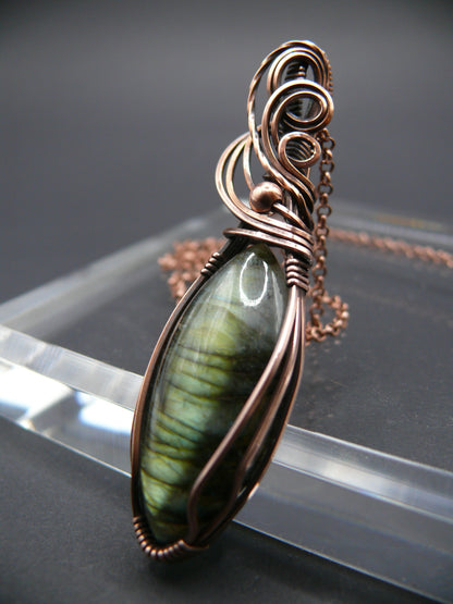 Magical yellow glow labradorite pendant in antiqued copper