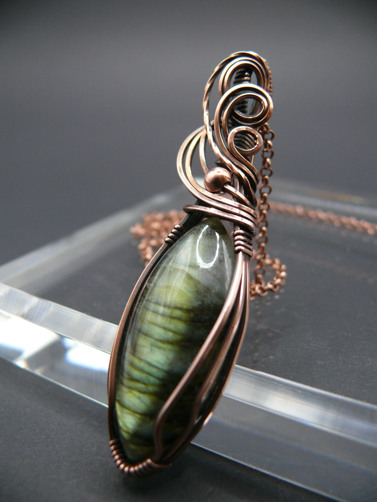 Magical yellow glow labradorite pendant in antiqued copper