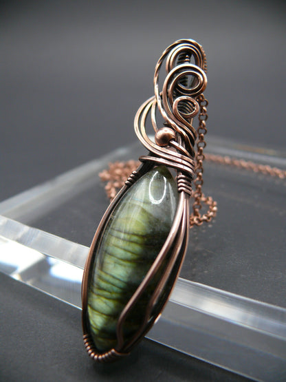 Magical yellow glow labradorite pendant in antiqued copper