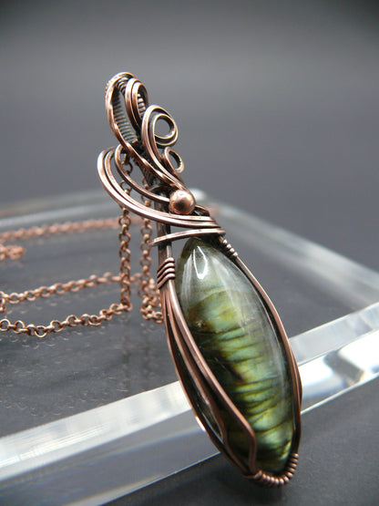 Magical yellow glow labradorite pendant in antiqued copper