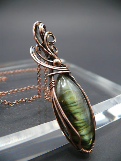 Magical yellow glow labradorite pendant in antiqued copper