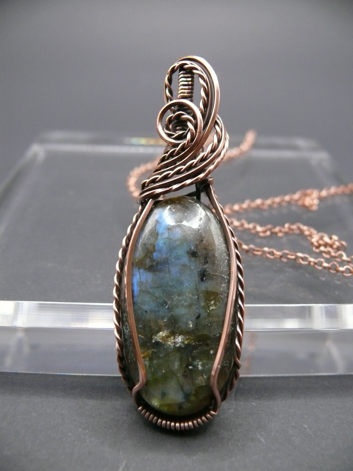 Handcrafted blue glow labradorite beauty copper wire pendant