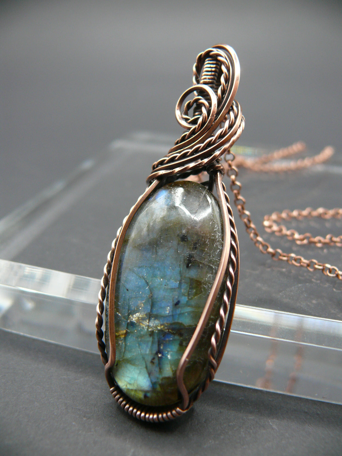 Handcrafted blue glow labradorite beauty copper wire pendant