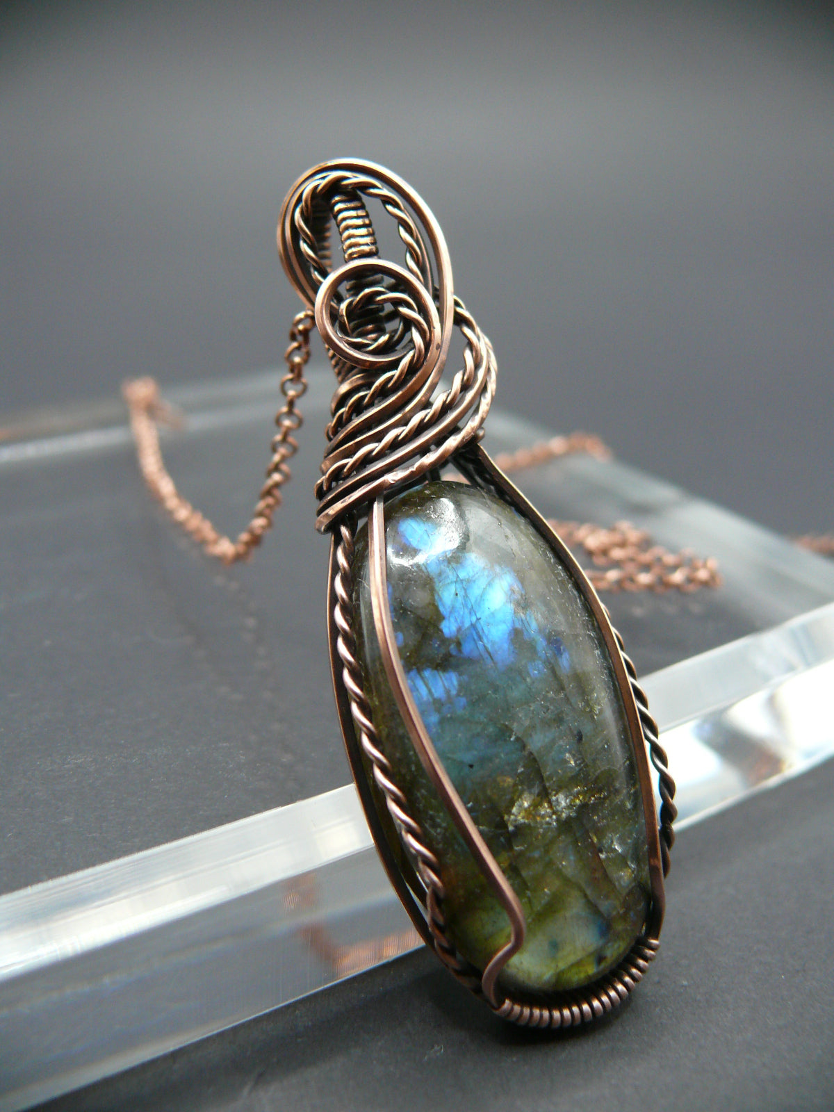 Handcrafted blue glow labradorite beauty copper wire pendant