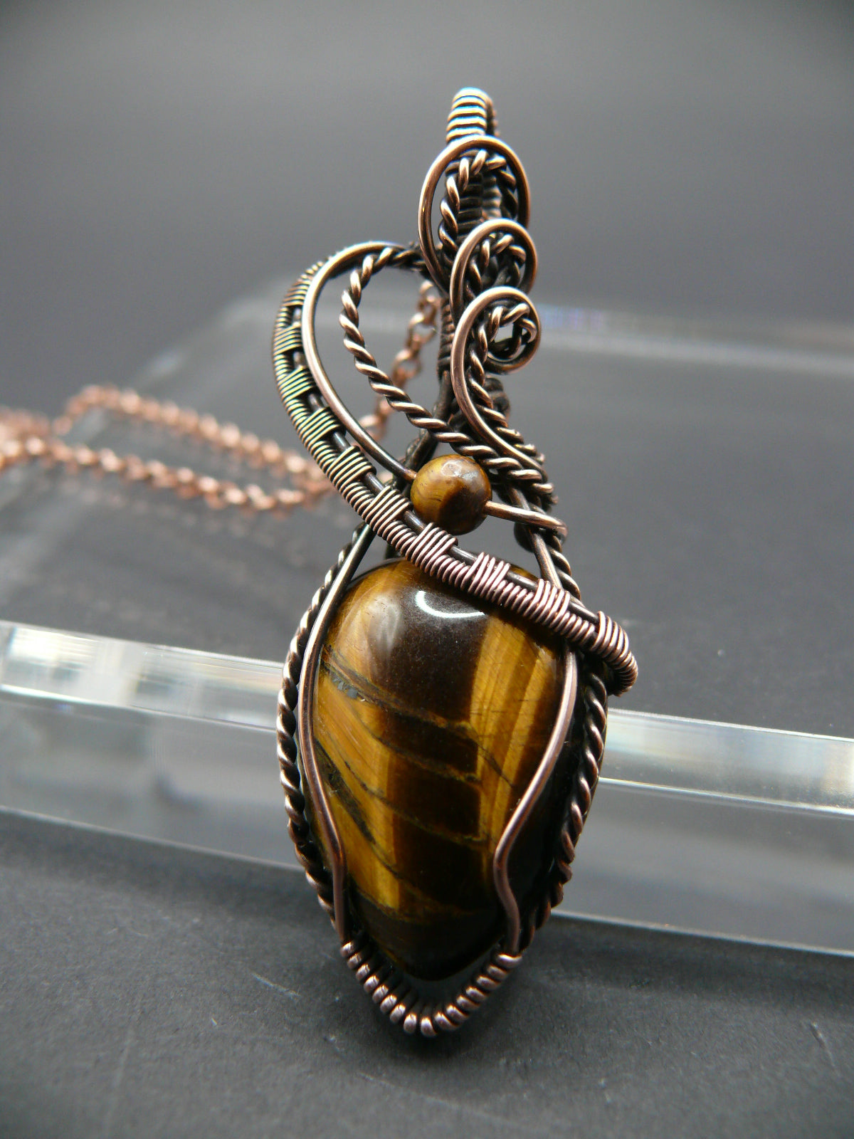 Wire wrapped rustic tiger eye gemstone necklace