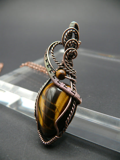 Wire wrapped rustic tiger eye gemstone necklace