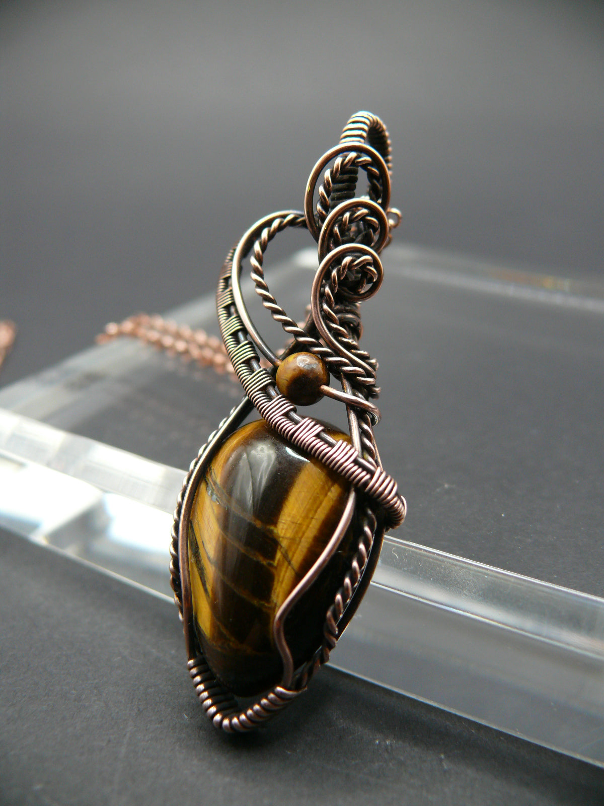 Wire wrapped rustic tiger eye gemstone necklace