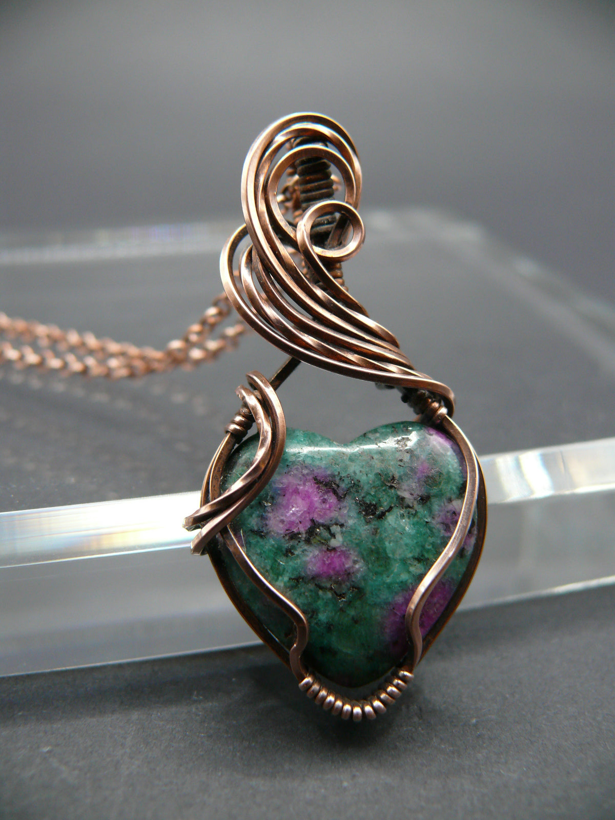 Heart shaped ruby zoisite wire wrapped pendant