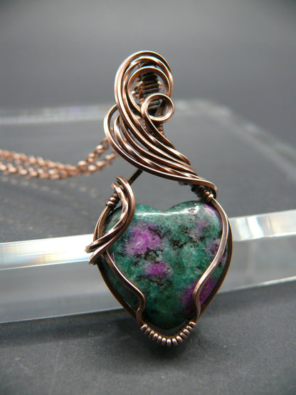 Heart shaped ruby zoisite wire wrapped pendant