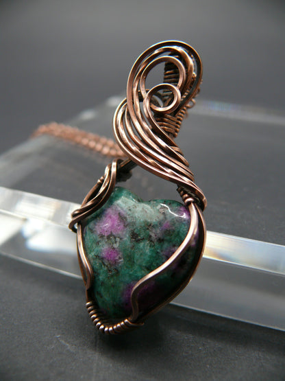 Heart shaped ruby zoisite wire wrapped pendant