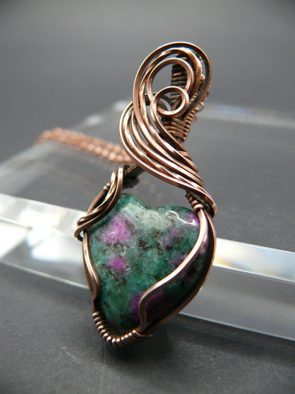 Heart shaped ruby zoisite wire wrapped pendant