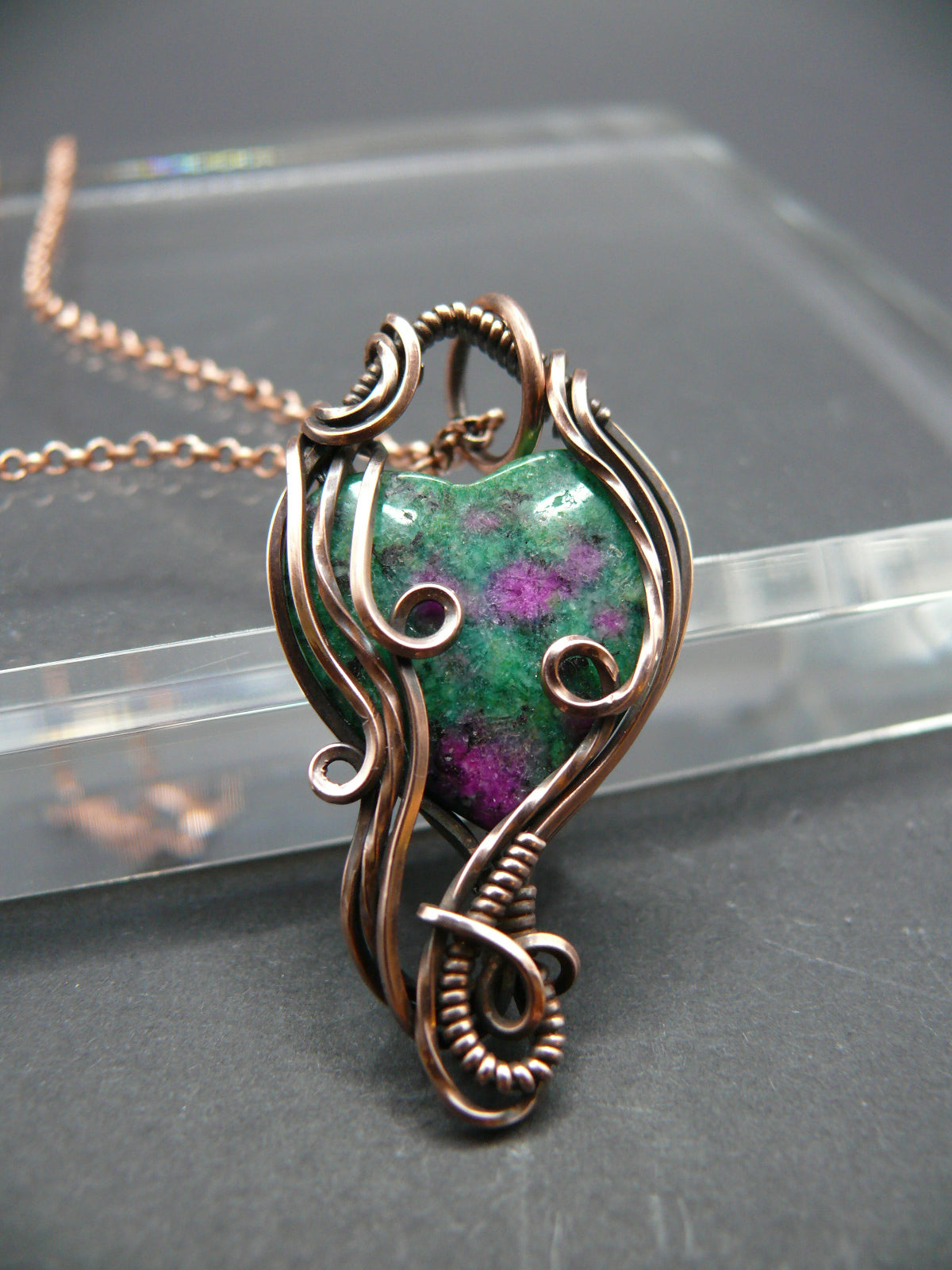 Heart shaped ruby zoisite wire wrapped pendant