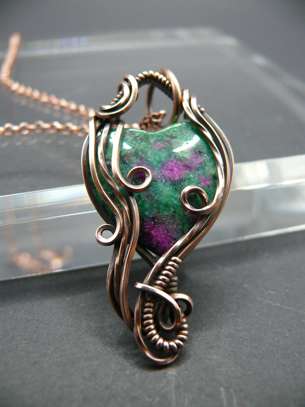 Heart shaped ruby zoisite wire wrapped pendant