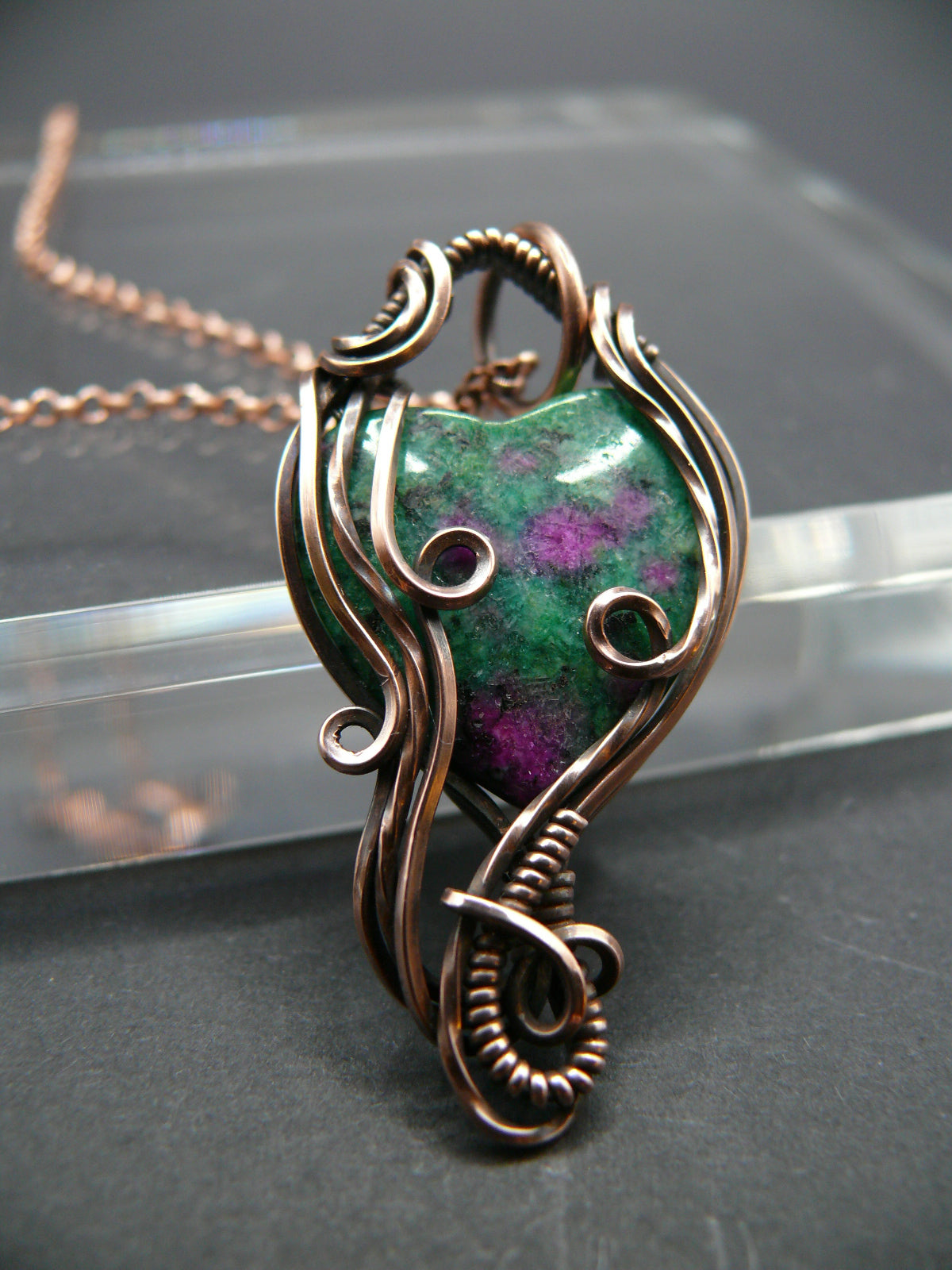 Heart shaped ruby zoisite wire wrapped pendant