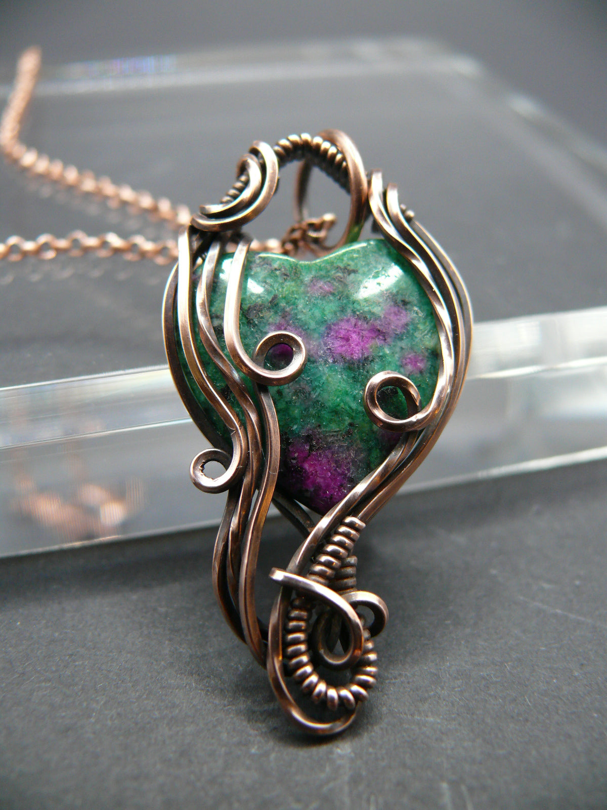 Heart shaped ruby zoisite wire wrapped pendant