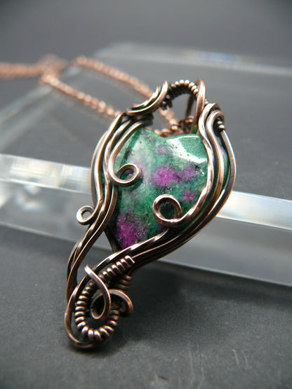 Heart shaped ruby zoisite wire wrapped pendant