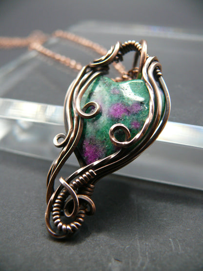 Heart shaped ruby zoisite wire wrapped pendant