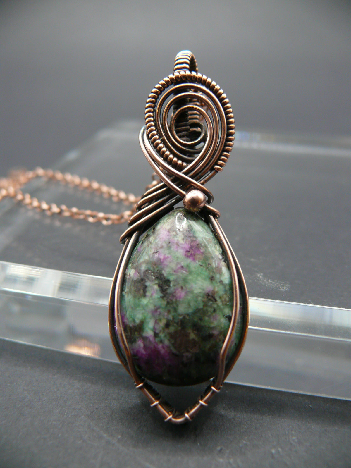 Ruby zoisite wire wrapped pendant