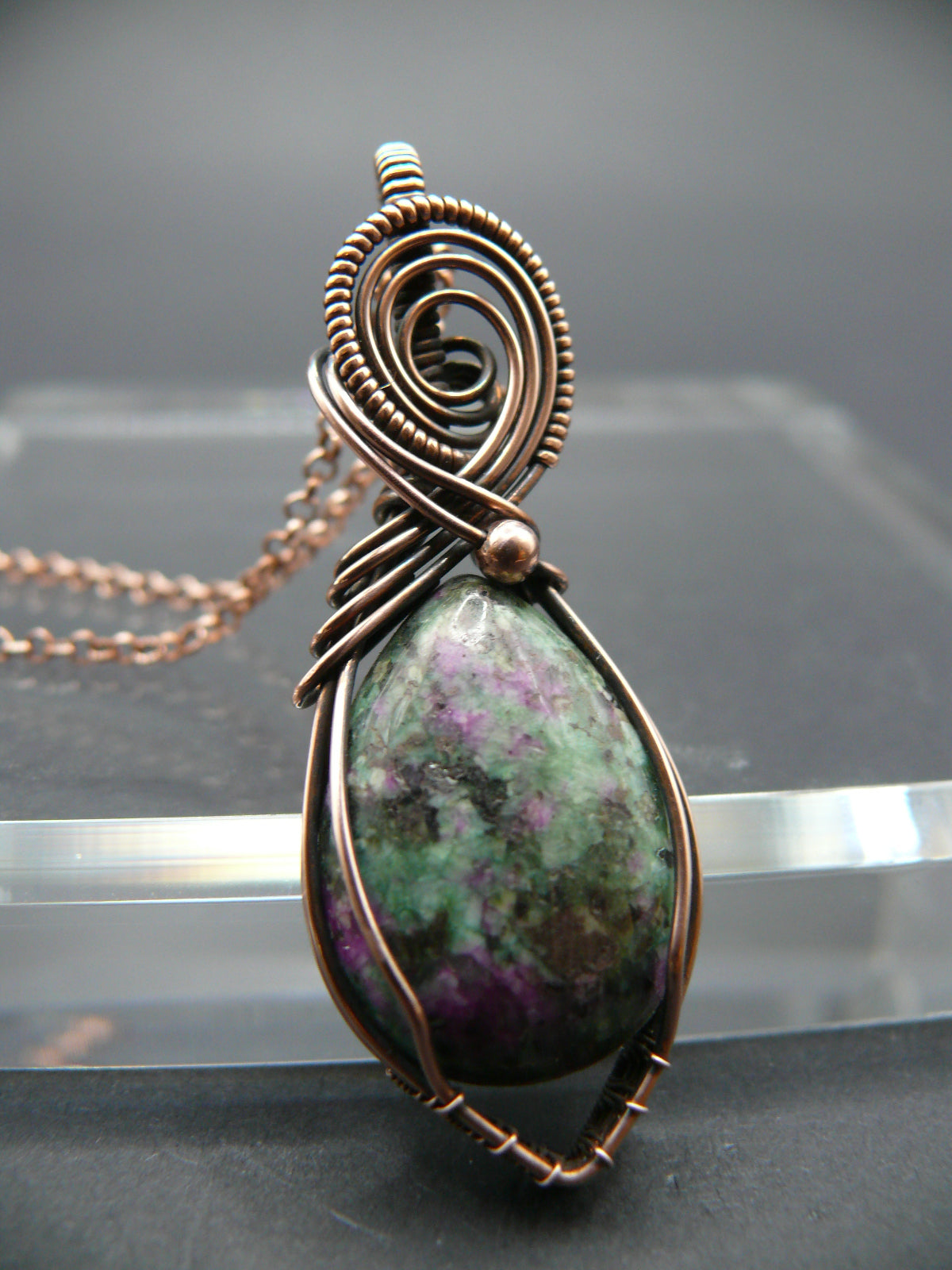 Ruby zoisite wire wrapped pendant