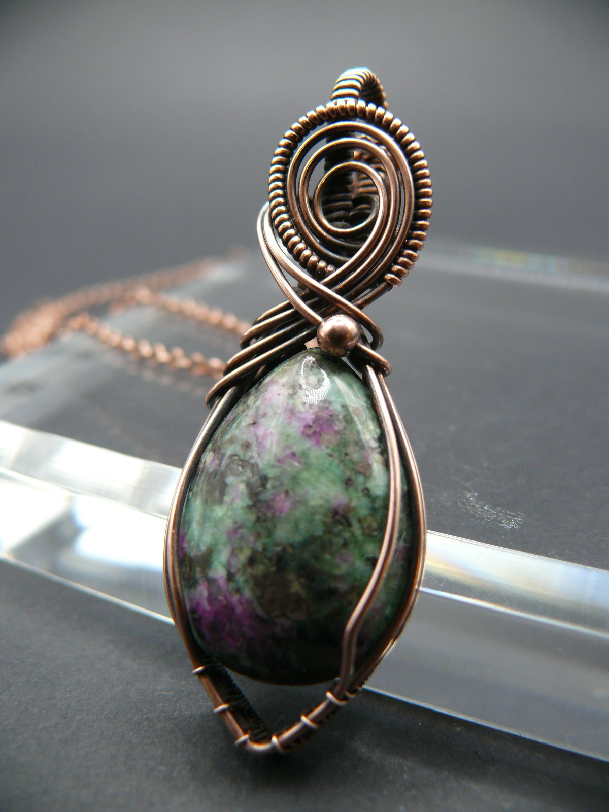 Ruby zoisite wire wrapped pendant