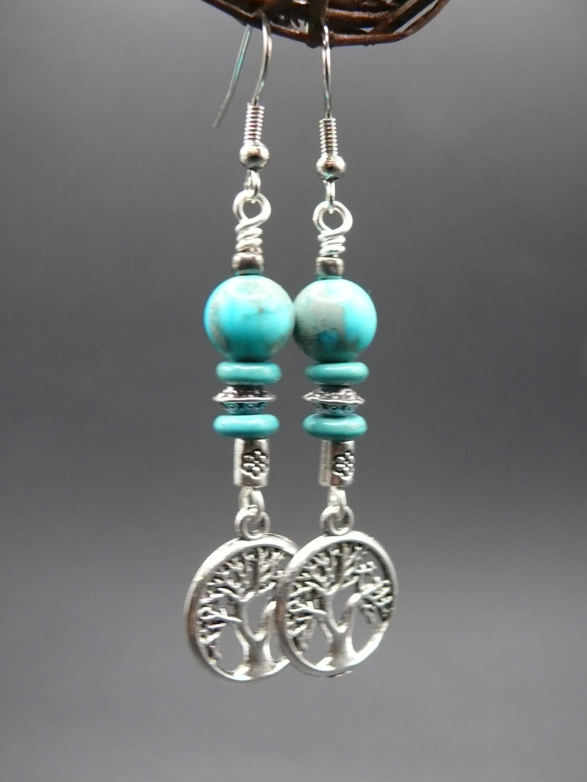 Blue sediment jasper and tree of life dangle earrings