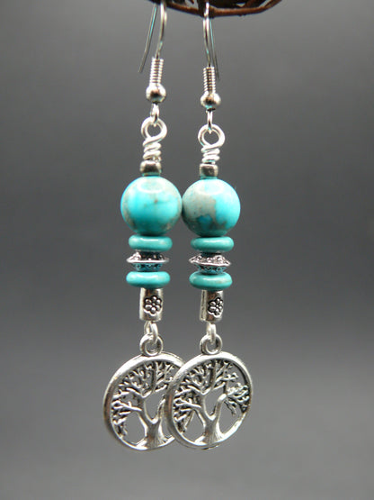 Blue sediment jasper and tree of life dangle earrings