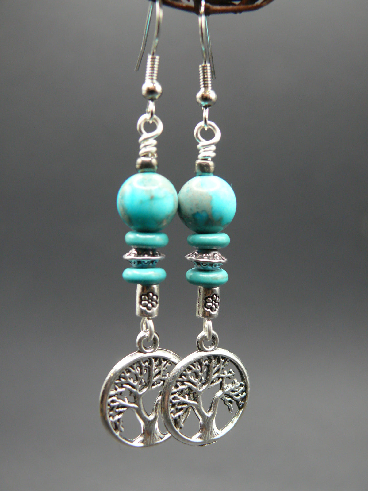 Blue sediment jasper and tree of life dangle earrings