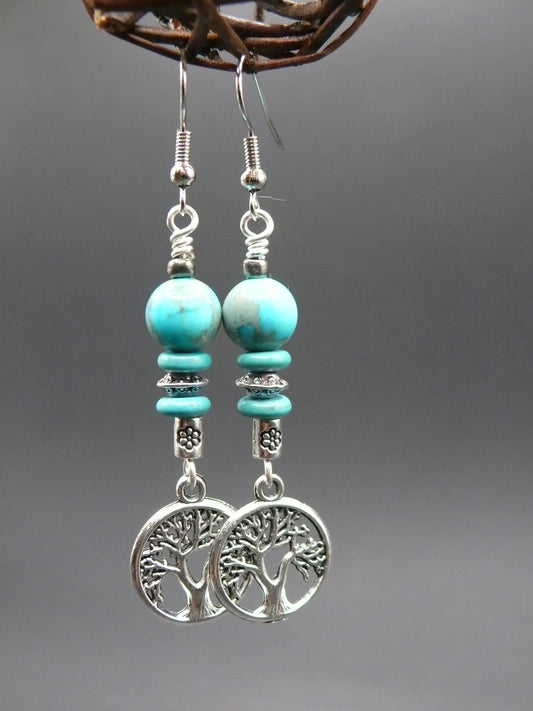 Blue sediment jasper and tree of life dangle earrings