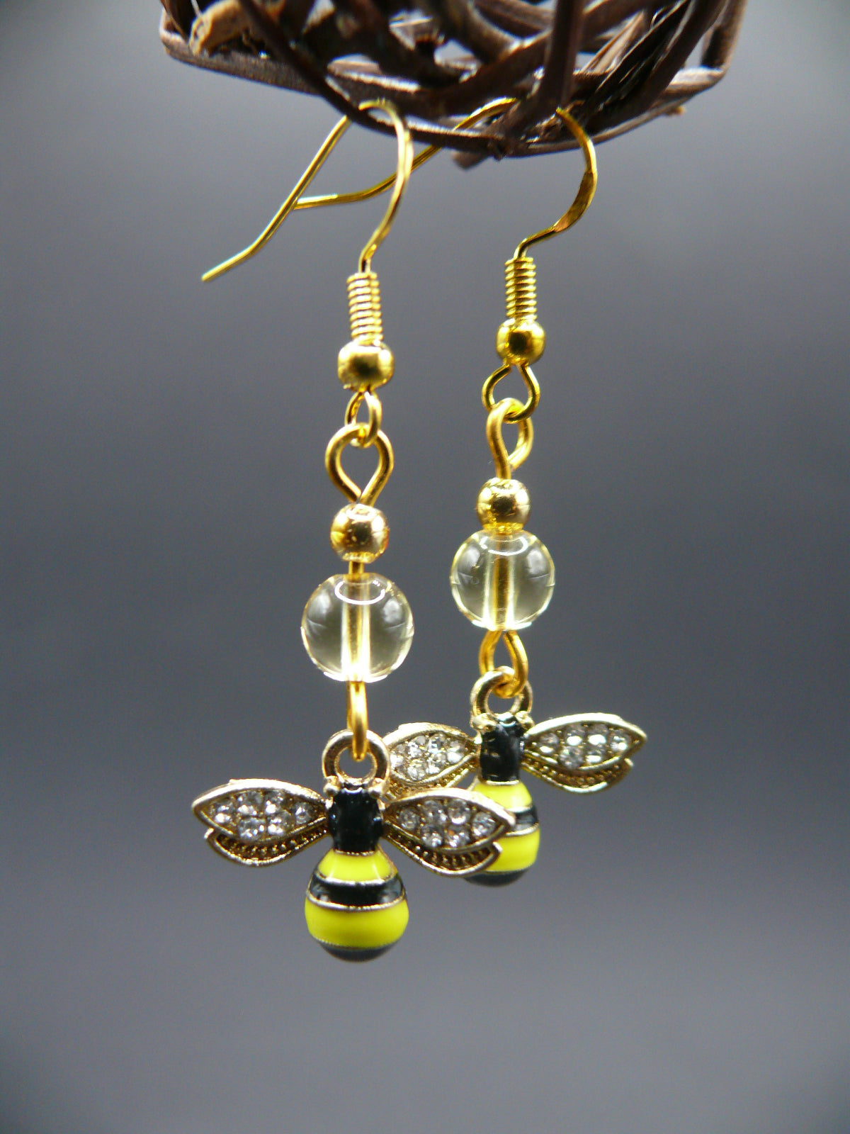 Ametrine gemstone bead bumble bee design dangle earrings