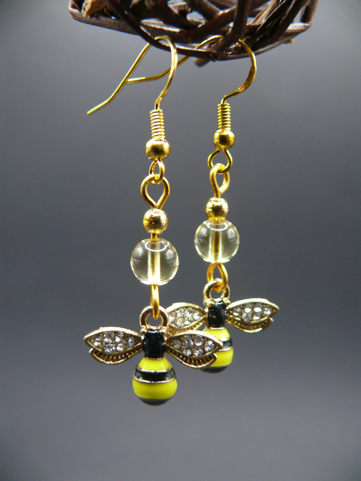 Ametrine gemstone bead bumble bee design dangle earrings