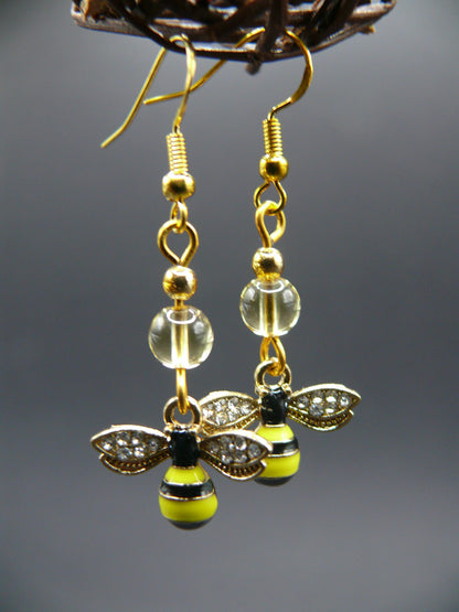 Ametrine gemstone bead bumble bee design dangle earrings