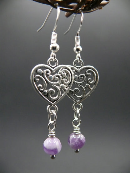 Heart design amethyst dangle earrings