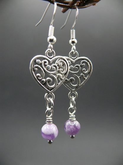 Heart design amethyst dangle earrings