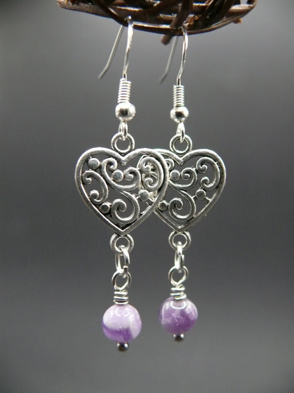 Heart design amethyst dangle earrings