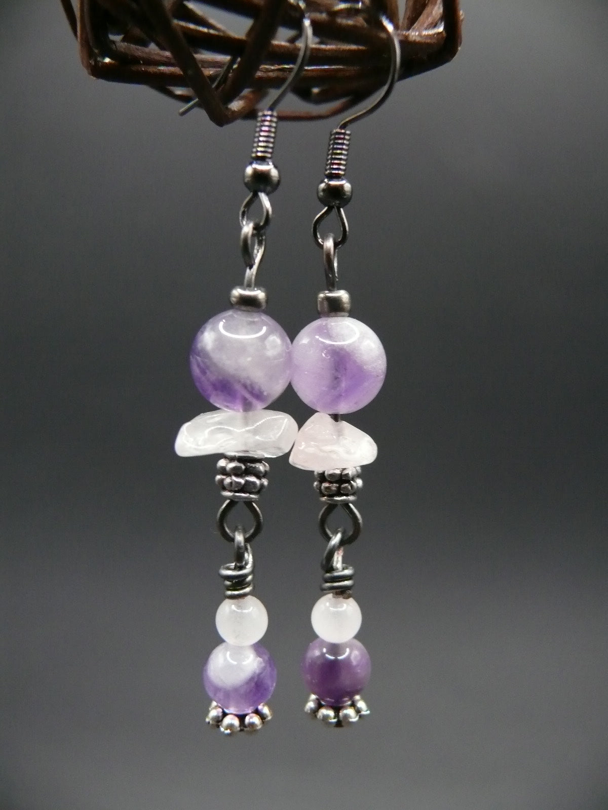 Amethyst and rose quartz dangle earrings