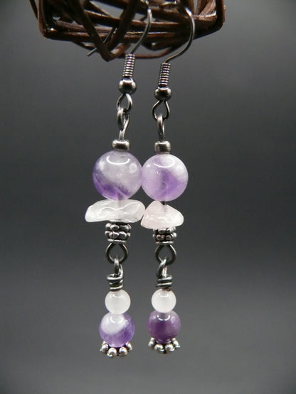 Amethyst and rose quartz dangle earrings