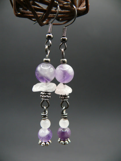 Amethyst and rose quartz dangle earrings