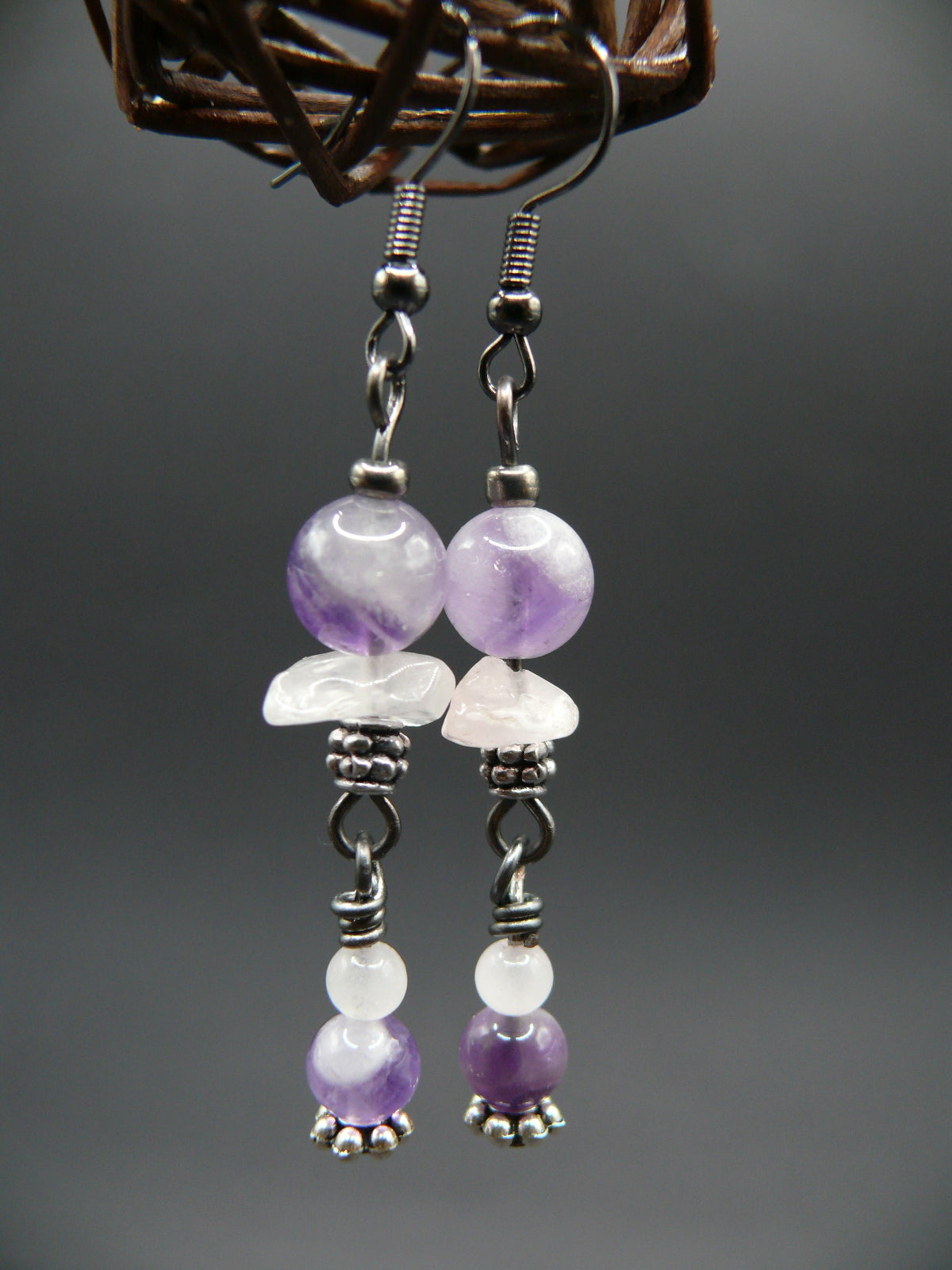 Amethyst and rose quartz dangle earrings