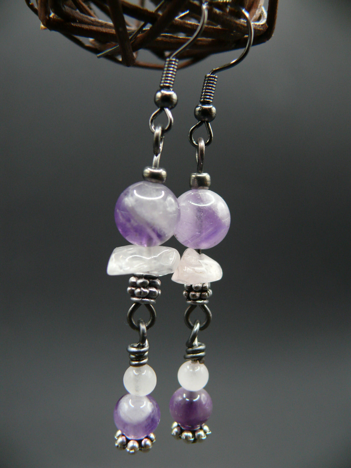 Amethyst and rose quartz dangle earrings