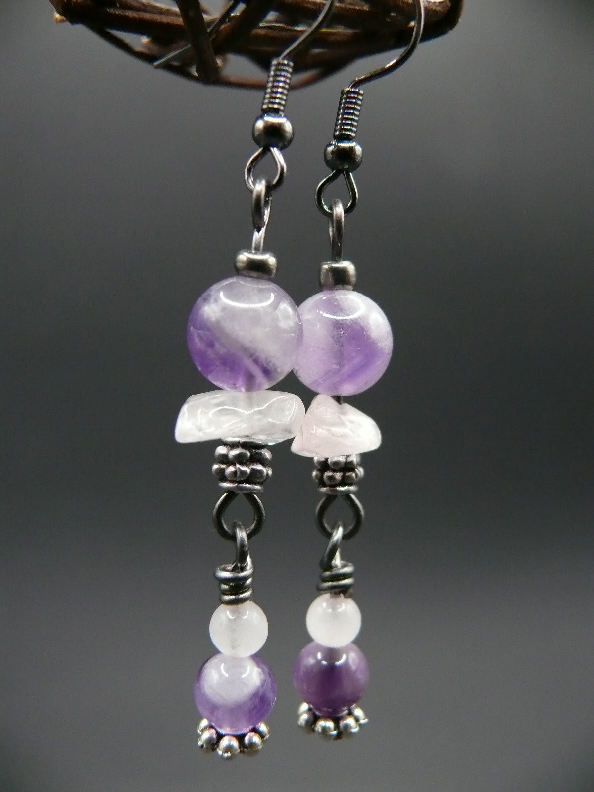 Amethyst and rose quartz dangle earrings