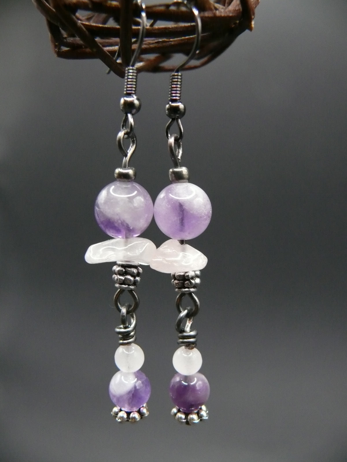 Amethyst and rose quartz dangle earrings