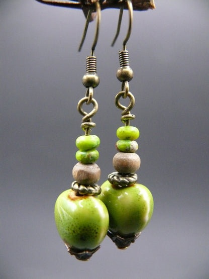 Ceramic and wood bead dangle earrings