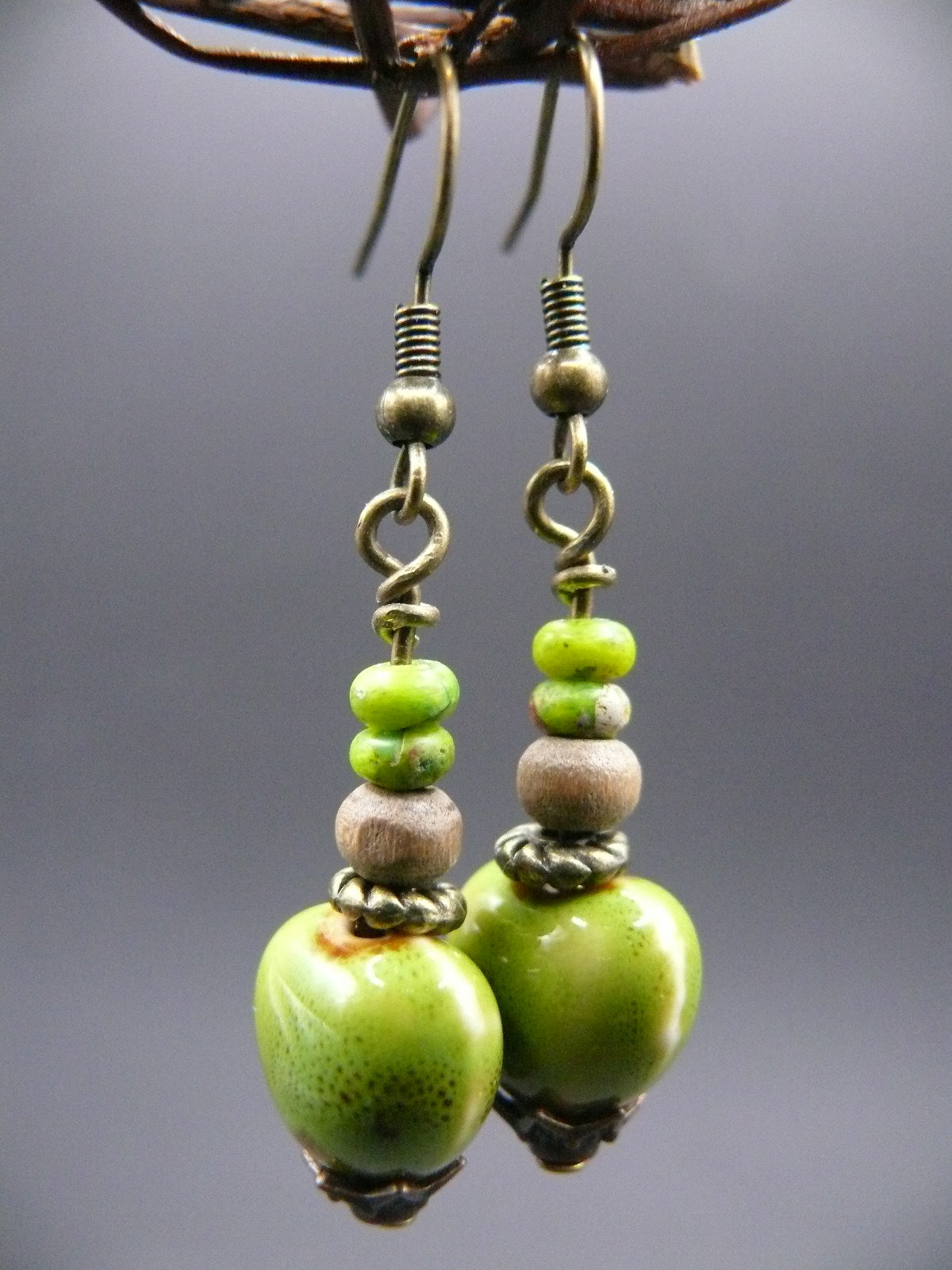 Ceramic and wood bead dangle earrings