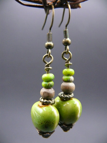 Ceramic and wood bead dangle earrings